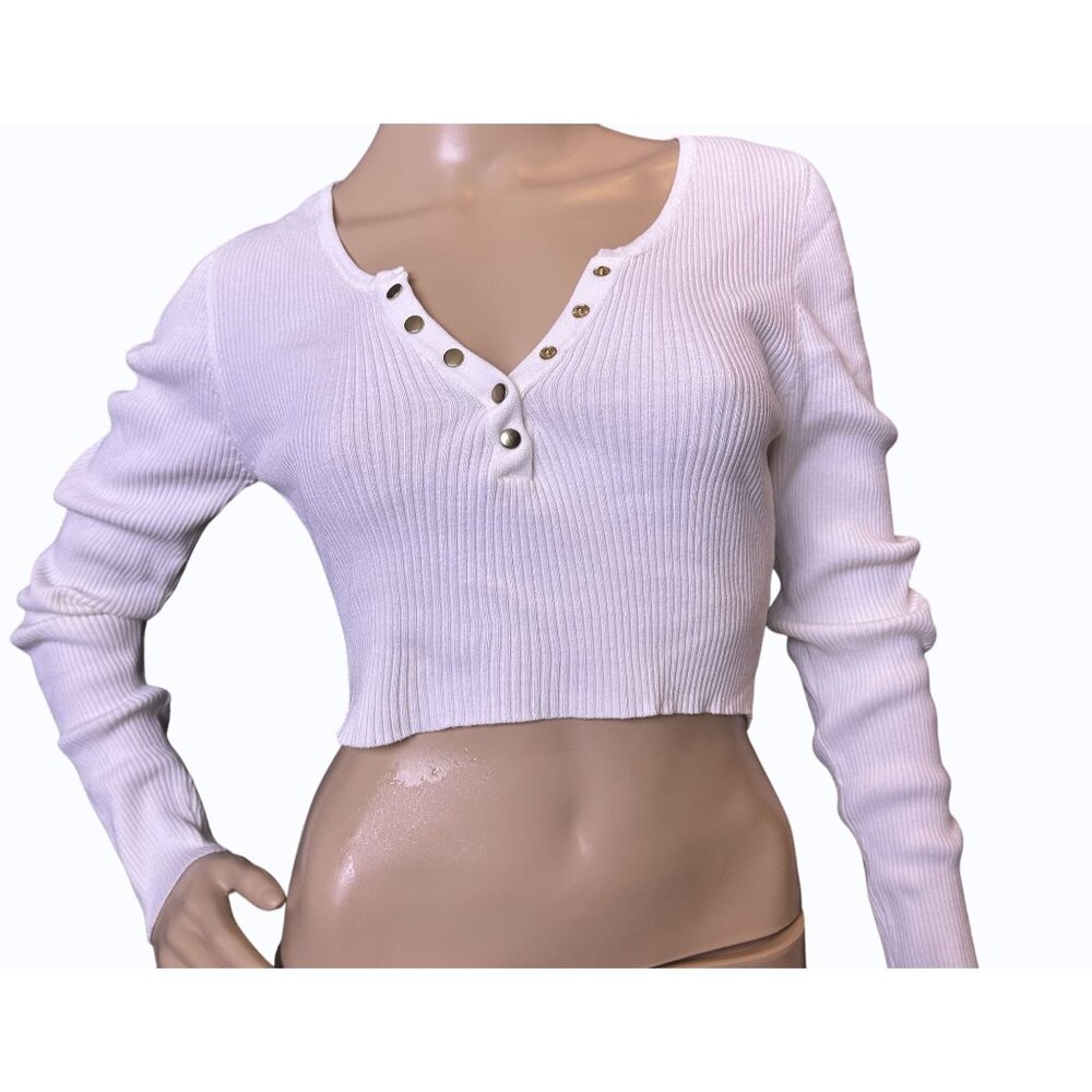 NWT 2Bella Cropped‎ Ribbed Stretch Long Sleeve Top Snap Front L White Y2K Style